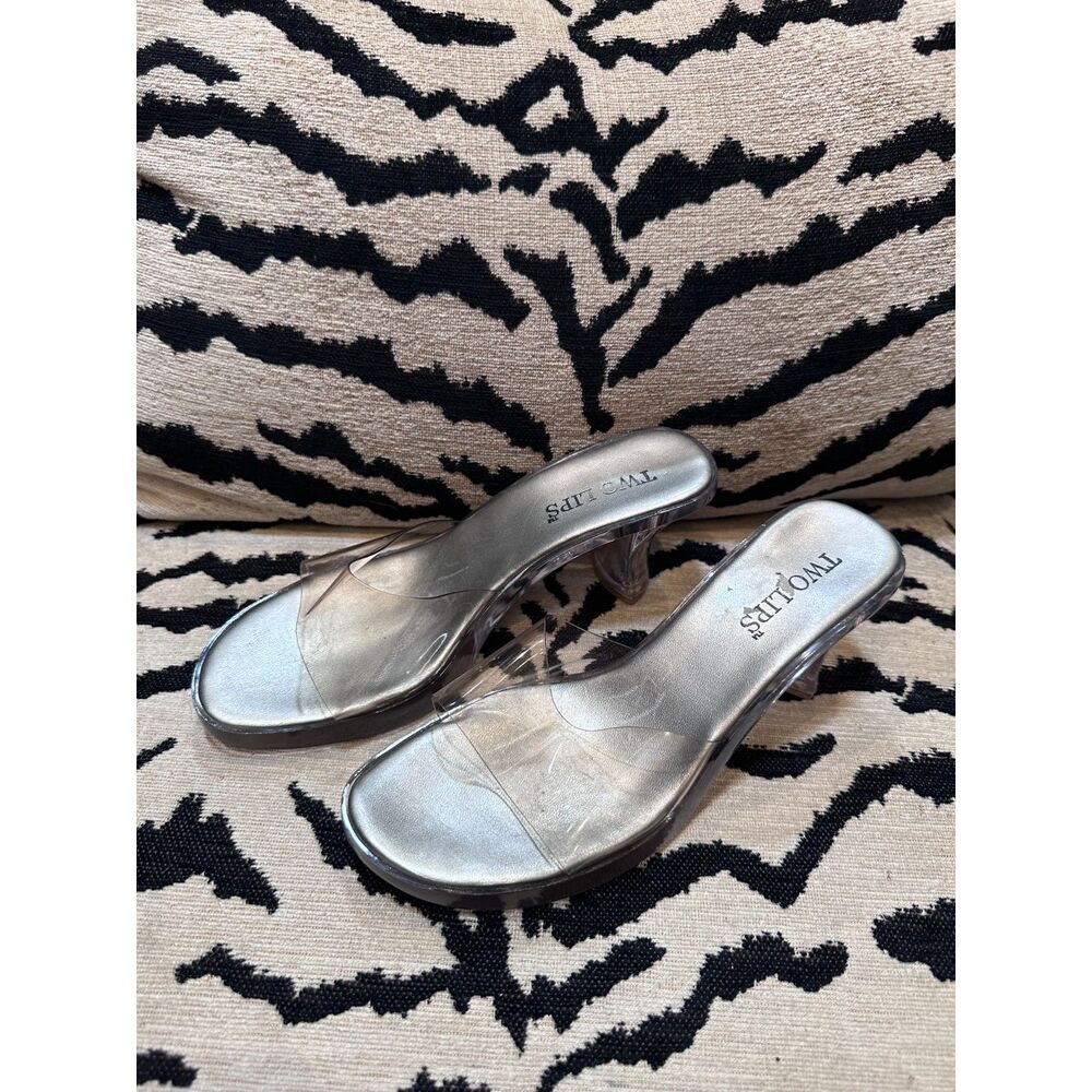 Vintage Two Lips Clear Lucite Kitten Heel Mules Metallic Silver Y2K Slides